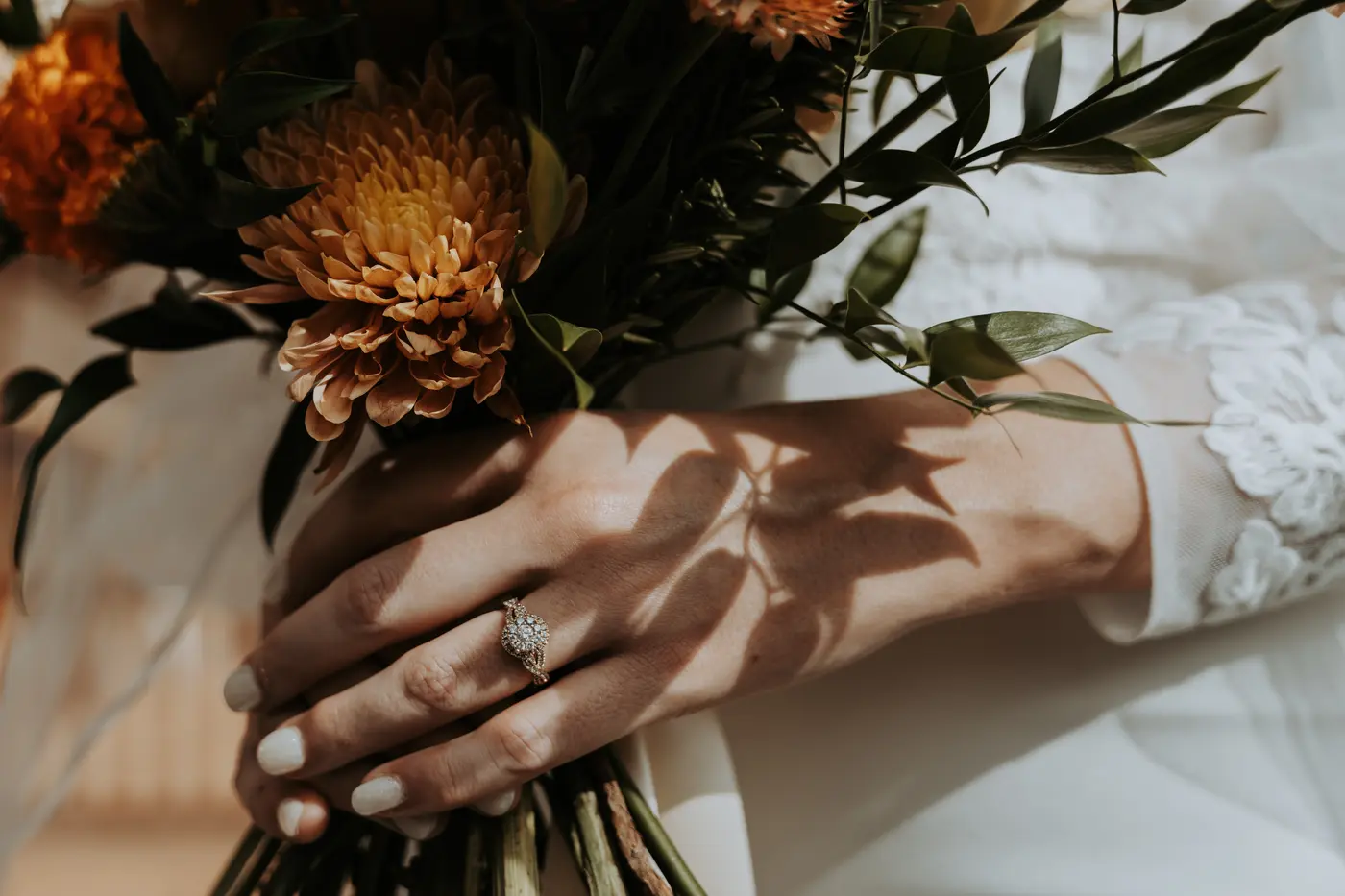 Bride's hand resting on her bouquet, detail shot